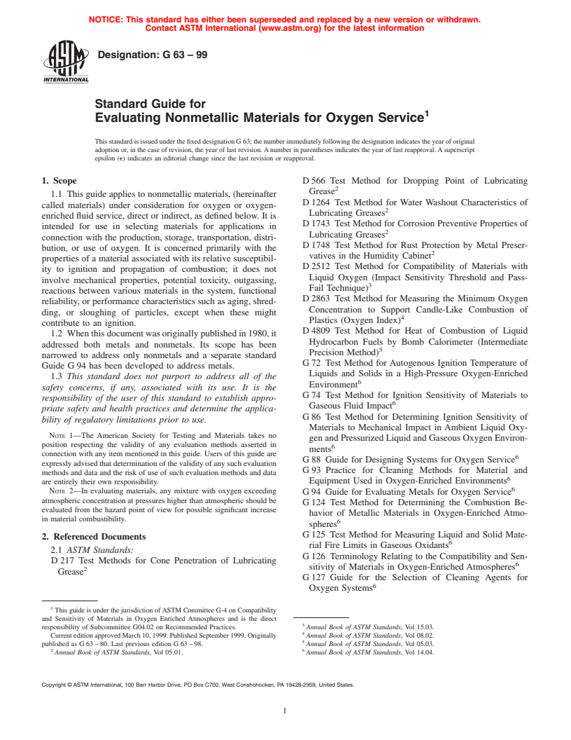 ASTM G63-99 - Standard Guide for Evaluating Nonmetallic Materials for Oxygen Service