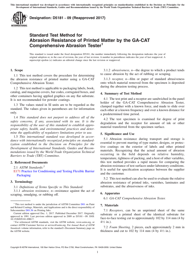 ASTM D5181-09(2017) - Standard Test Method for Abrasion Resistance of Printed Matter by the GA-CAT Comprehensive   Abrasion  Tester