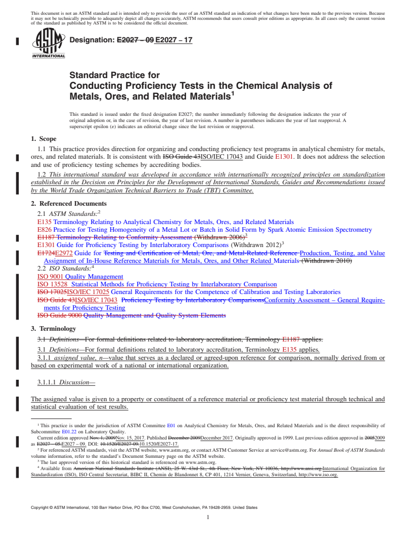 REDLINE ASTM E2027-17 - Standard Practice for  Conducting Proficiency Tests in the Chemical Analysis of Metals,  Ores, and Related Materials