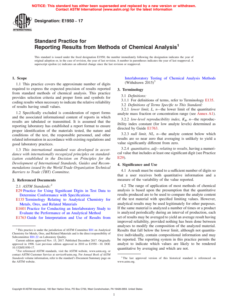 ASTM E1950-17 - Standard Practice for  Reporting Results from Methods of Chemical Analysis (Withdrawn 2023)