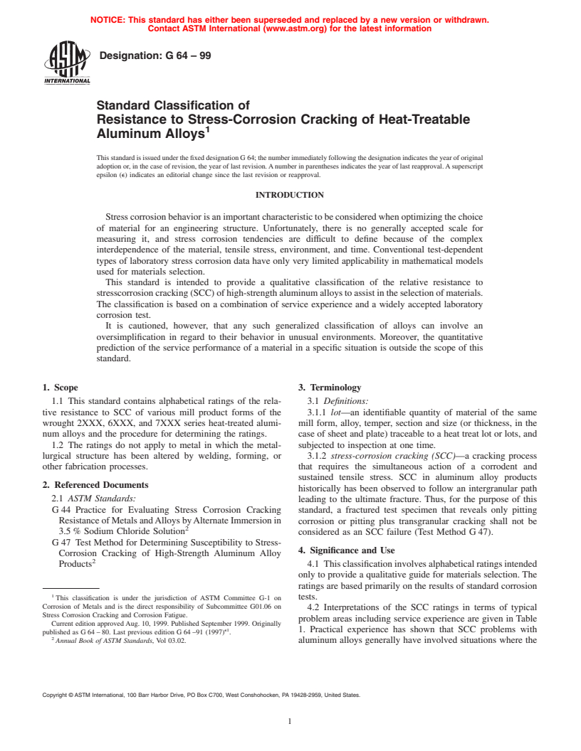 ASTM G64-99 - Standard Classification of Resistance to Stress-Corrosion Cracking of Heat-Treatable Aluminum Alloys