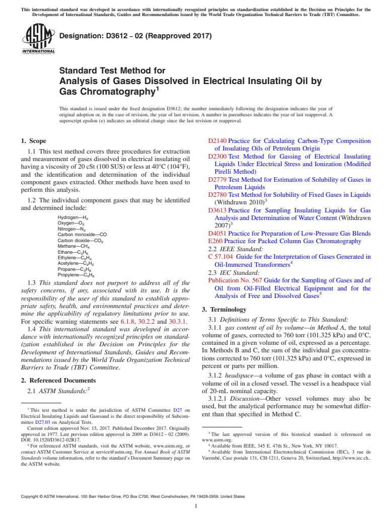 ASTM D3612-02(2017) - Standard Test Method for  Analysis of Gases Dissolved in Electrical Insulating Oil by   Gas Chromatography