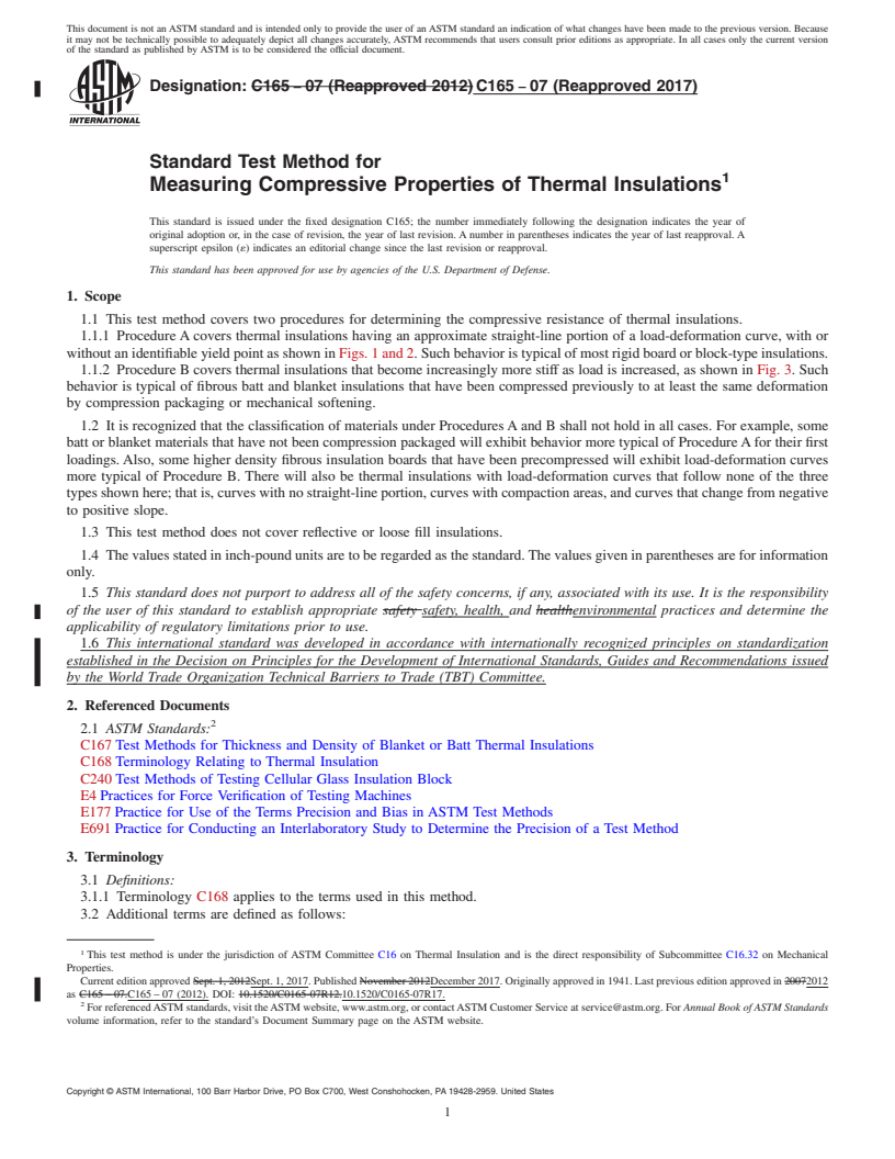 REDLINE ASTM C165-07(2017) - Standard Test Method for Measuring Compressive Properties of Thermal Insulations