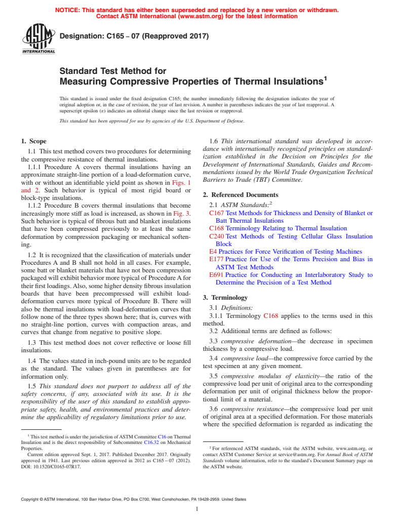 ASTM C165-07(2017) - Standard Test Method for Measuring Compressive Properties of Thermal Insulations