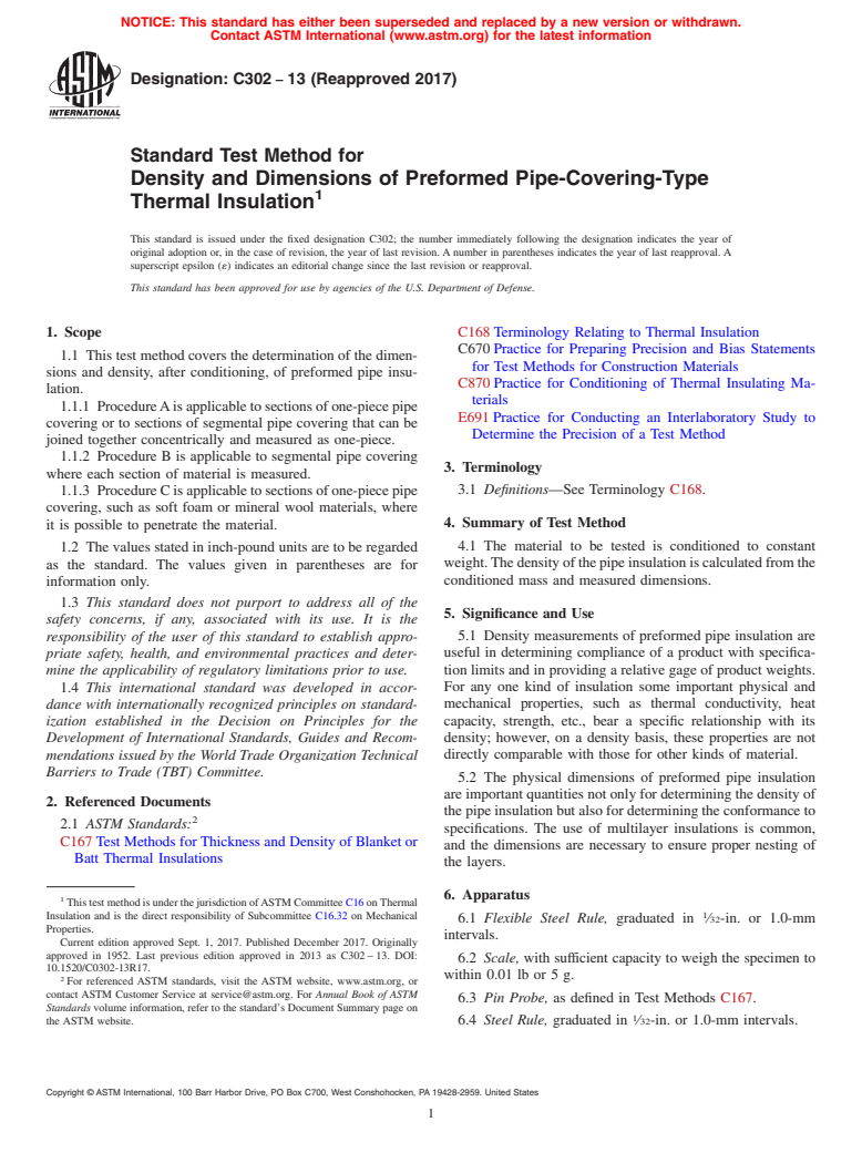 ASTM C302-13(2017) - Standard Test Method for  Density and Dimensions of Preformed Pipe-Covering-Type Thermal  Insulation