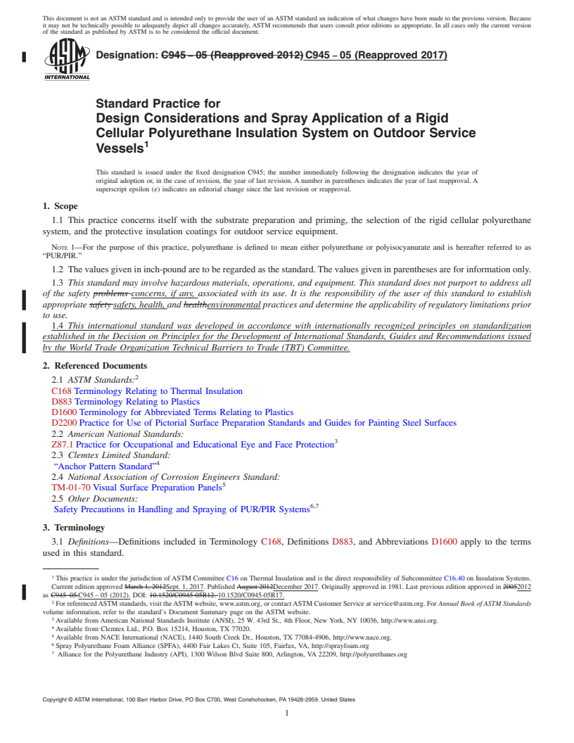 REDLINE ASTM C945-05(2017) - Standard Practice for Design Considerations and Spray Application of a Rigid Cellular  Polyurethane Insulation System on Outdoor Service Vessels