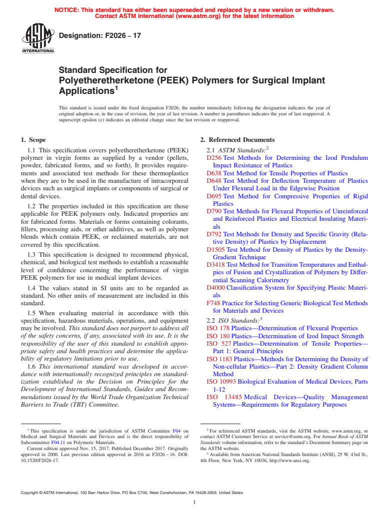 ASTM F2026-17 - Standard Specification for  Polyetheretherketone (PEEK) Polymers for Surgical Implant Applications