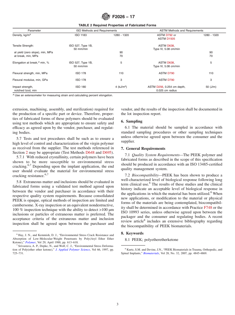 ASTM F2026-17 - Standard Specification for  Polyetheretherketone (PEEK) Polymers for Surgical Implant Applications