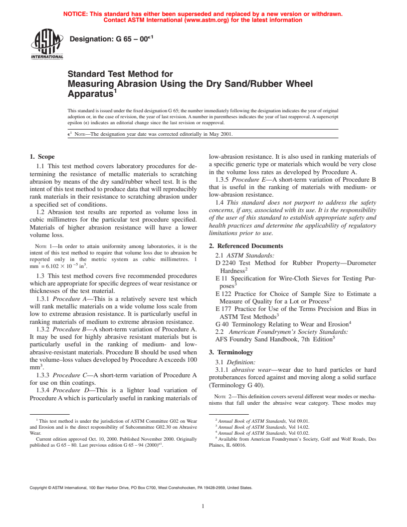 ASTM G65-00e1 - Standard Test Method for Measuring Abrasion Using the Dry Sand/Rubber Wheel Apparatus