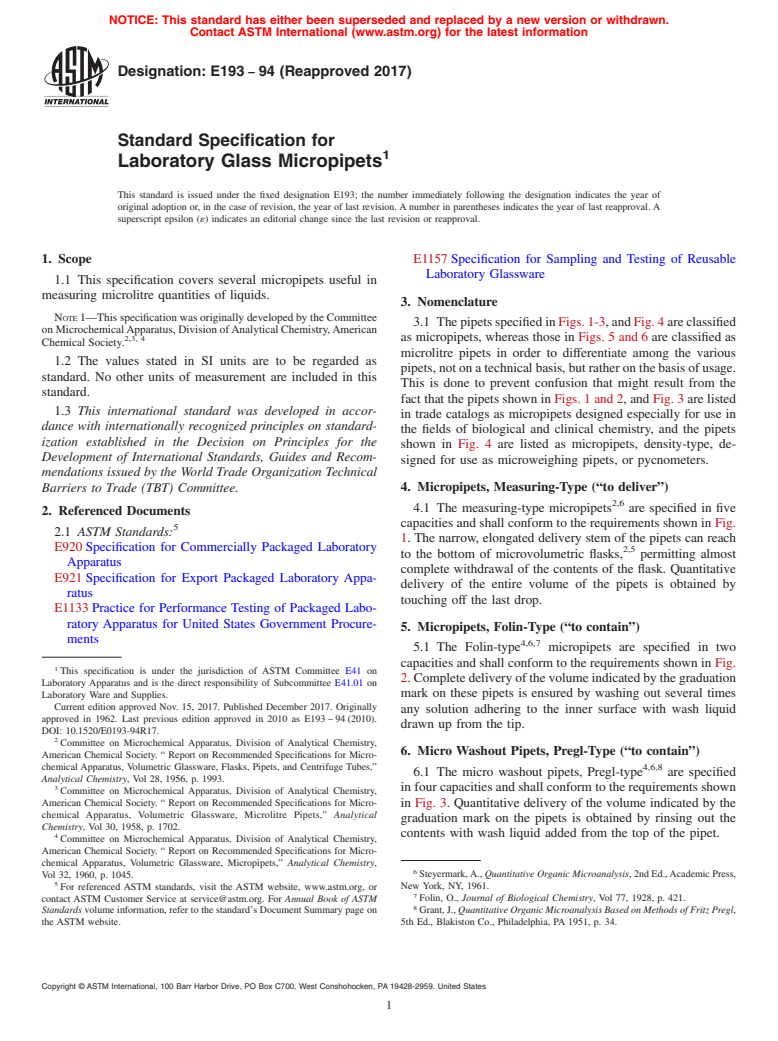 ASTM E193-94(2017) - Standard Specification for  Laboratory Glass Micropipets (Withdrawn 2024)