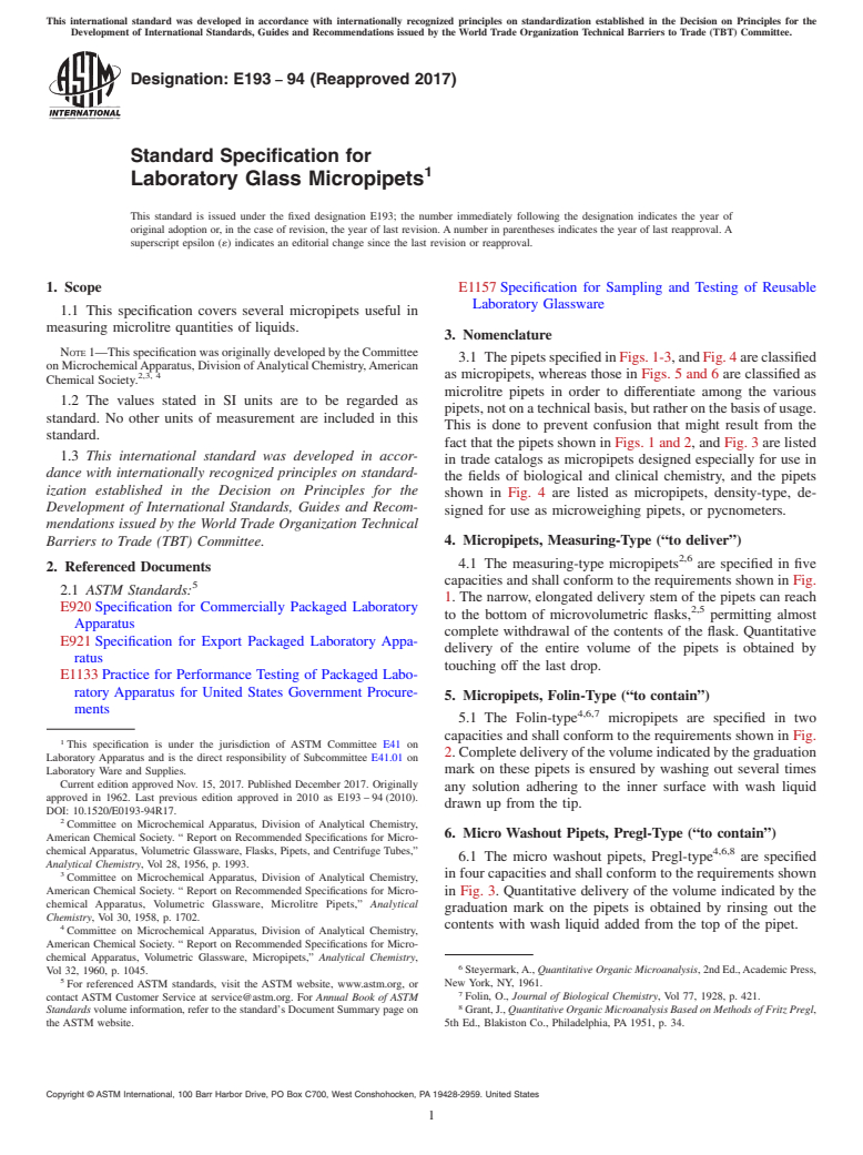 ASTM E193-94(2017) - Standard Specification for  Laboratory Glass Micropipets