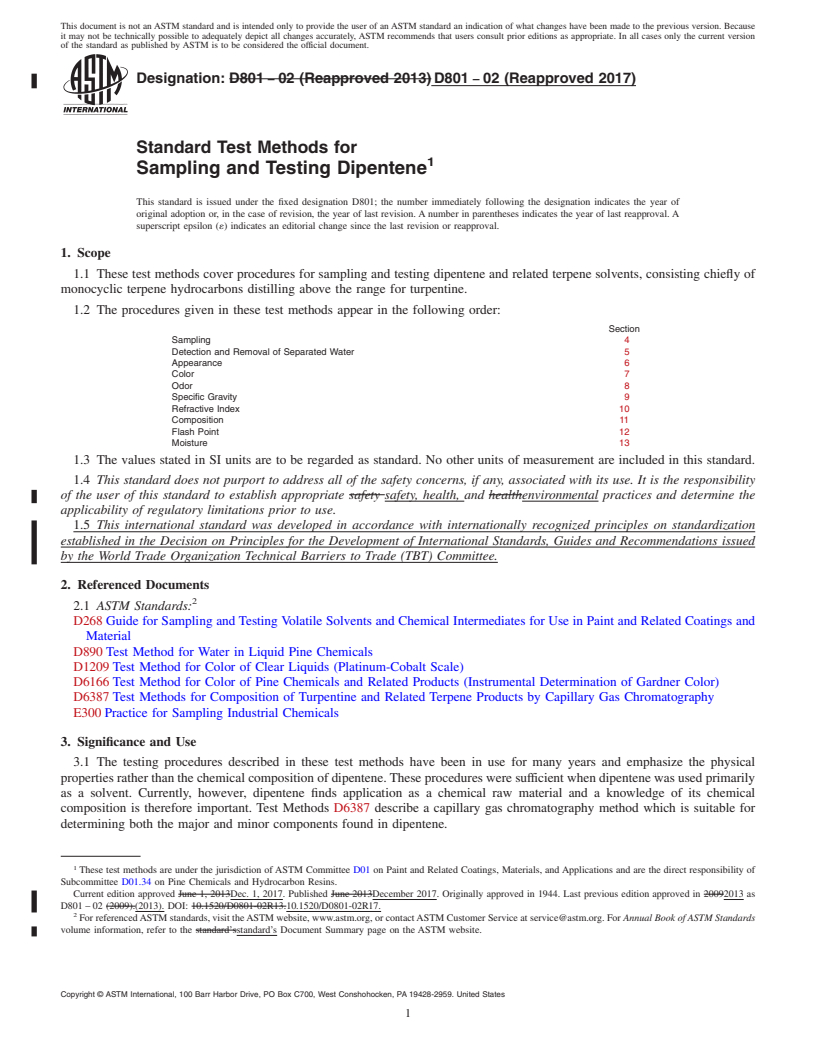 REDLINE ASTM D801-02(2017) - Standard Test Methods for Sampling and Testing Dipentene