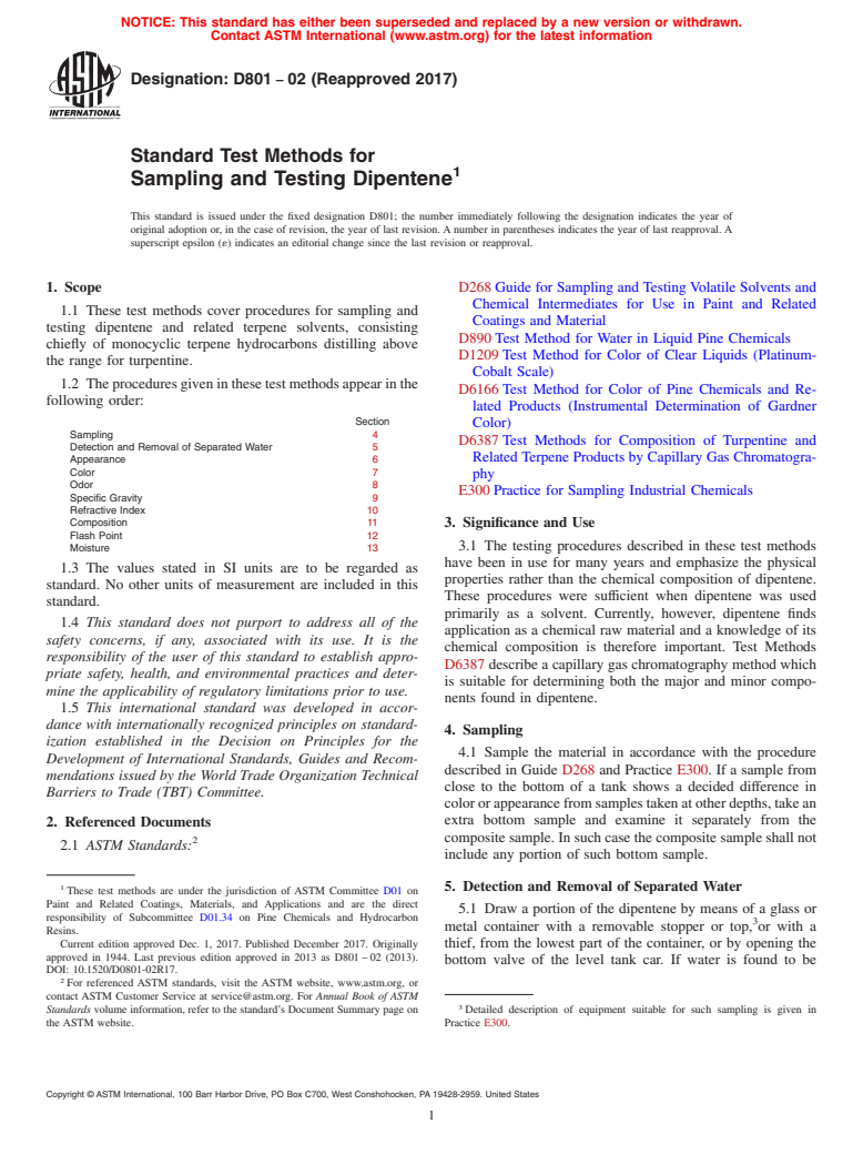 ASTM D801-02(2017) - Standard Test Methods for Sampling and Testing Dipentene