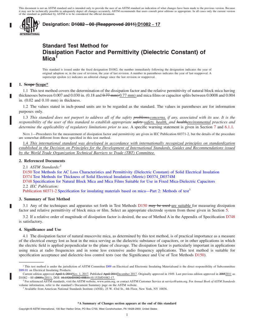 REDLINE ASTM D1082-17 - Standard Test Method for  Dissipation Factor and Permittivity (Dielectric Constant) of   Mica