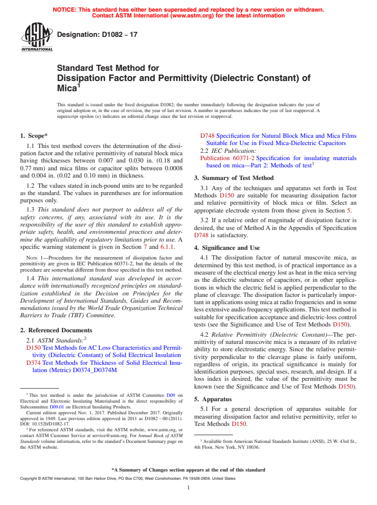 ASTM D1082-17 - Standard Test Method for  Dissipation Factor and Permittivity (Dielectric Constant) of   Mica