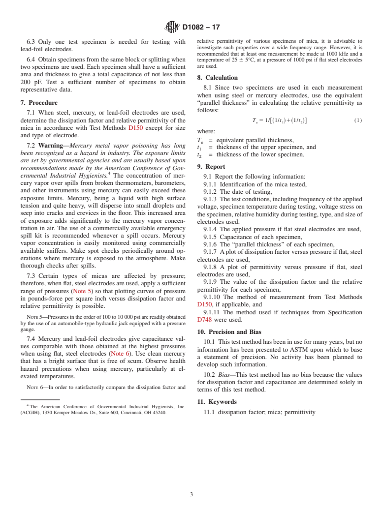 ASTM D1082-17 - Standard Test Method for  Dissipation Factor and Permittivity (Dielectric Constant) of   Mica