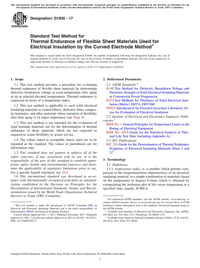 ASTM D1830-17 - Standard Test Method for  Thermal Endurance of Flexible Sheet Materials Used for Electrical   Insulation by the Curved Electrode Method