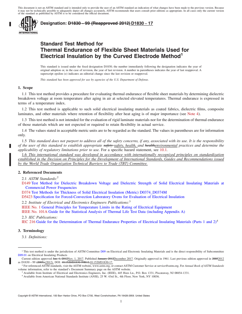 REDLINE ASTM D1830-17 - Standard Test Method for  Thermal Endurance of Flexible Sheet Materials Used for Electrical   Insulation by the Curved Electrode Method