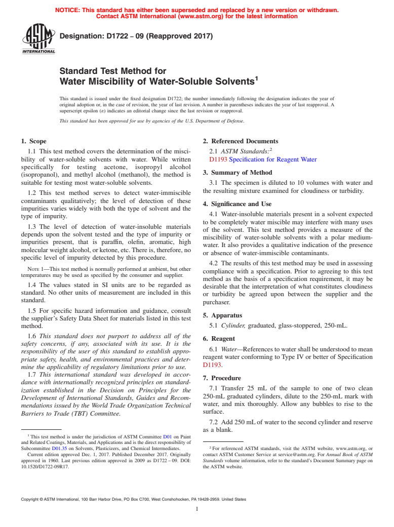 ASTM D1722-09(2017) - Standard Test Method for Water Miscibility of Water-Soluble Solvents