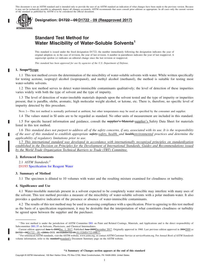 REDLINE ASTM D1722-09(2017) - Standard Test Method for Water Miscibility of Water-Soluble Solvents