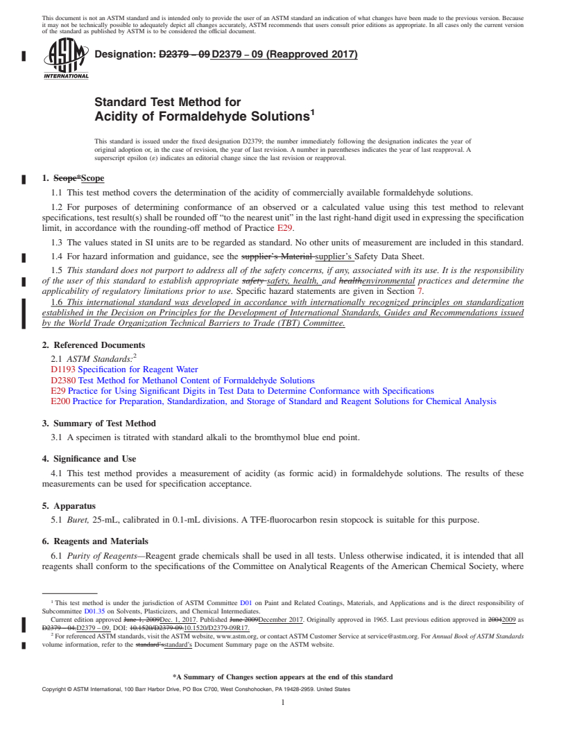 REDLINE ASTM D2379-09(2017) - Standard Test Method for Acidity of Formaldehyde Solutions