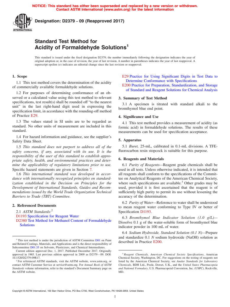 ASTM D2379-09(2017) - Standard Test Method for Acidity of Formaldehyde Solutions