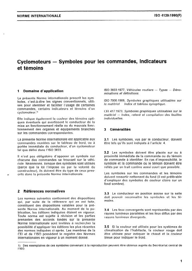 ISO 4129:1990 - Cyclomoteurs -- Symboles pour les commandes, indicateurs et témoins