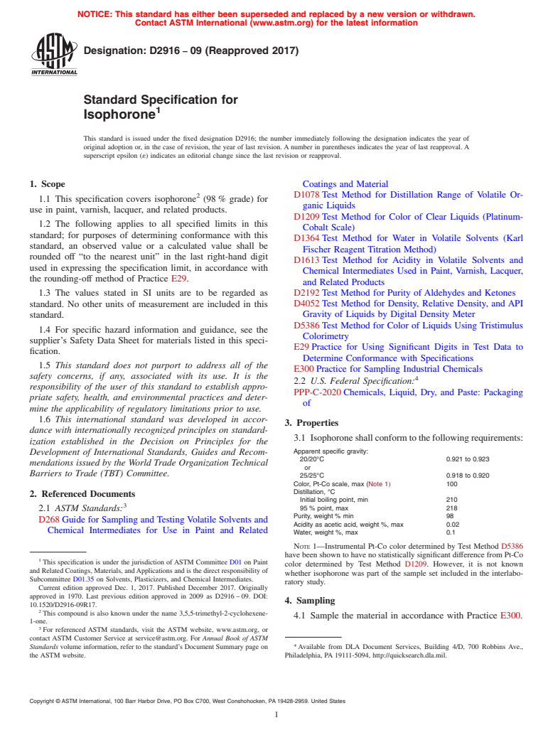 ASTM D2916-09(2017) - Standard Specification for Isophorone