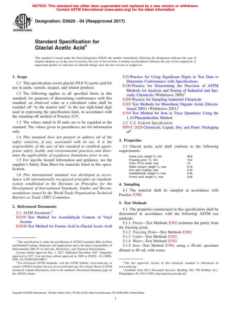 ASTM D3620-04(2017) - Standard Specification for Glacial Acetic Acid