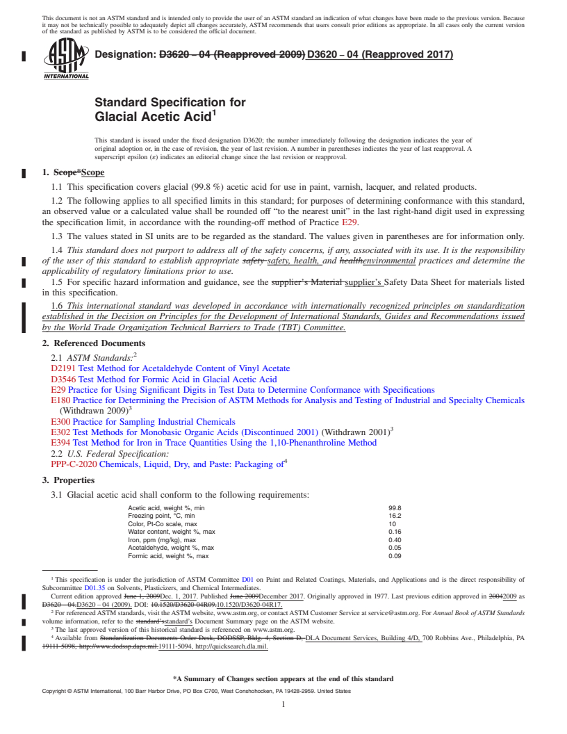 REDLINE ASTM D3620-04(2017) - Standard Specification for Glacial Acetic Acid