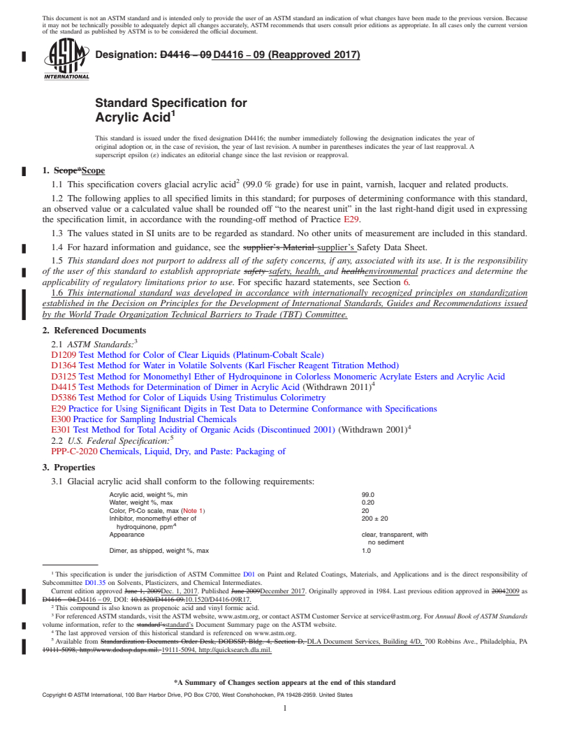 REDLINE ASTM D4416-09(2017) - Standard Specification for Acrylic Acid