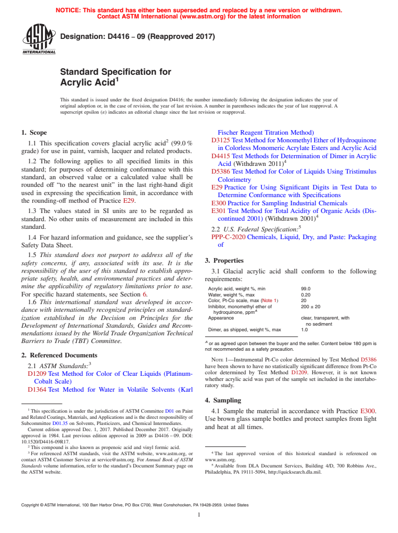 ASTM D4416-09(2017) - Standard Specification for Acrylic Acid