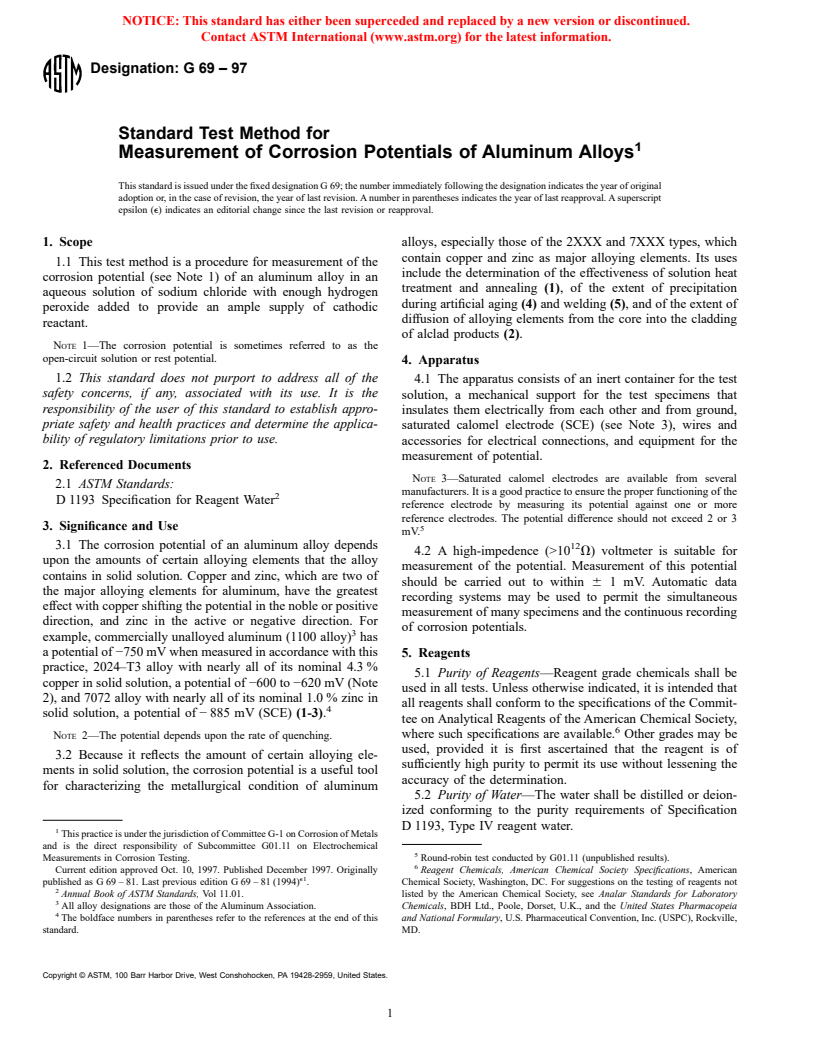 ASTM G69-97 - Standard Test Method for Measurement of Corrosion Potentials of Aluminum Alloys