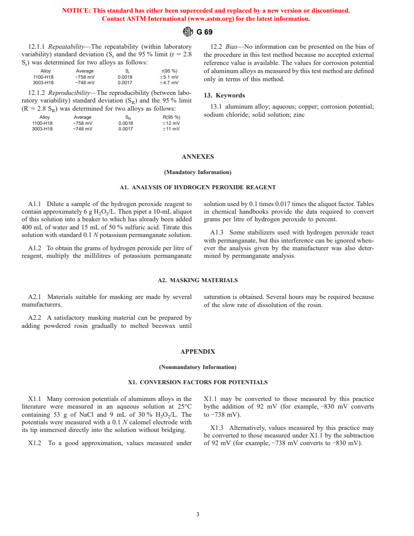 ASTM G69-97 - Standard Test Method for Measurement of Corrosion Potentials of Aluminum Alloys