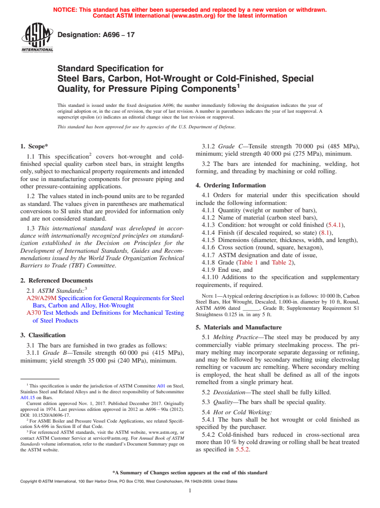 ASTM A696-17 - Standard Specification for Steel Bars, Carbon, Hot-Wrought or Cold-Finished, Special Quality,   for Pressure Piping Components