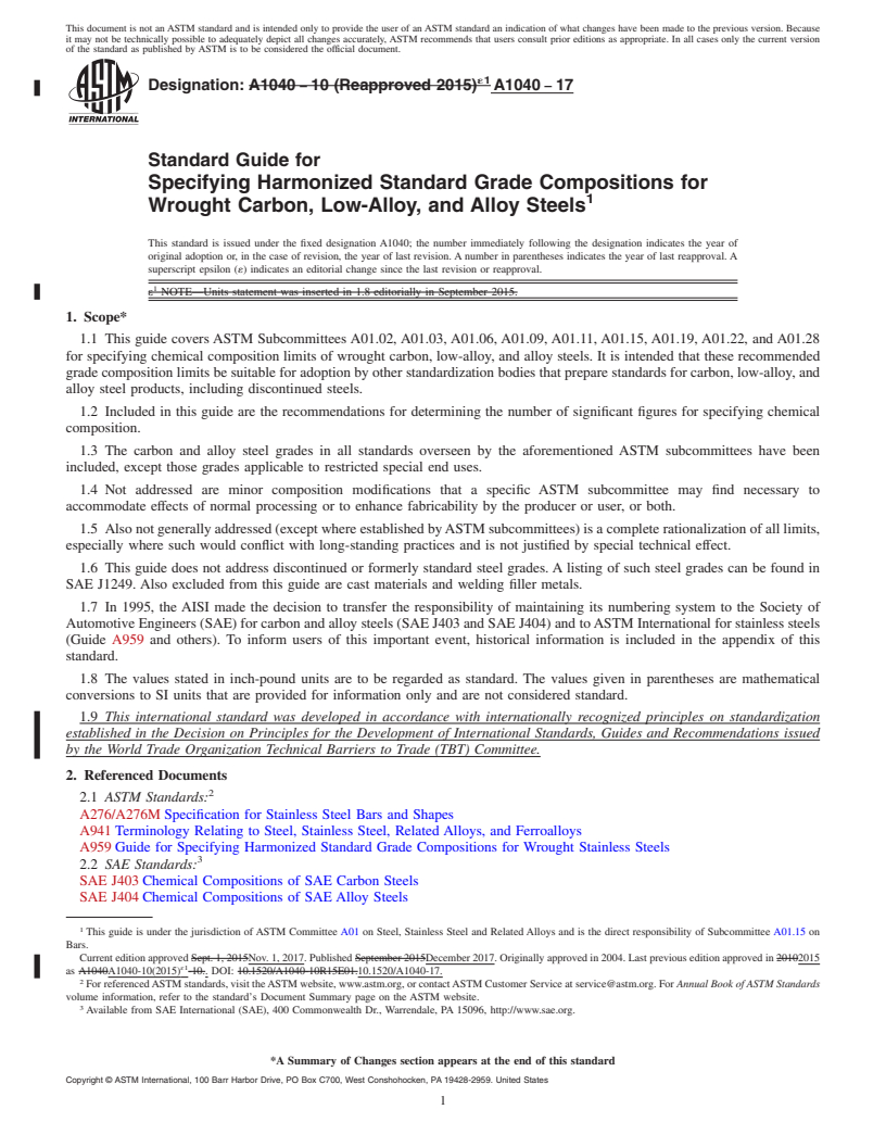 REDLINE ASTM A1040-17 - Standard Guide for Specifying Harmonized Standard Grade Compositions for Wrought   Carbon, Low-Alloy, and Alloy Steels