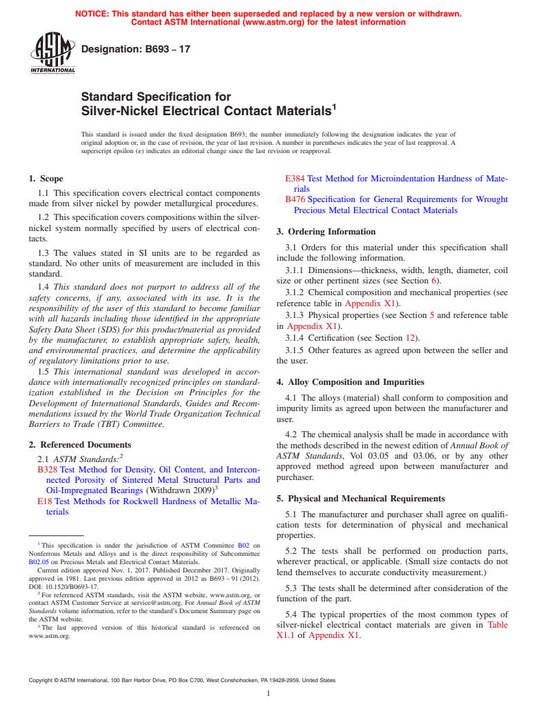 ASTM B693-17 - Standard Specification for Silver-Nickel Electrical Contact Materials