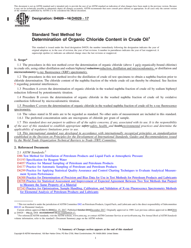 REDLINE ASTM D4929-17 - Standard Test Method for  Determination of Organic Chloride Content in Crude Oil