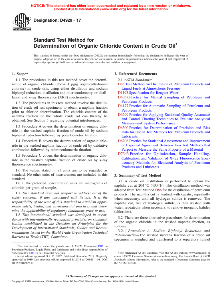 ASTM D4929-17 - Standard Test Method for  Determination of Organic Chloride Content in Crude Oil