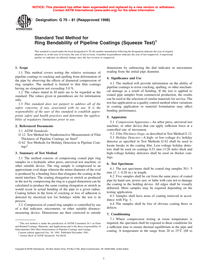 ASTM G70-81(1998) - Standard Test Method for Ring Bendability of Pipeline Coatings (Squeeze Test) (Withdrawn 2007)