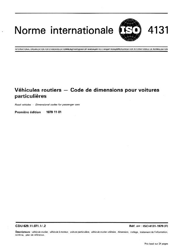 ISO 4131:1979 - Véhicules routiers -- Code de dimensions pour voitures particulieres