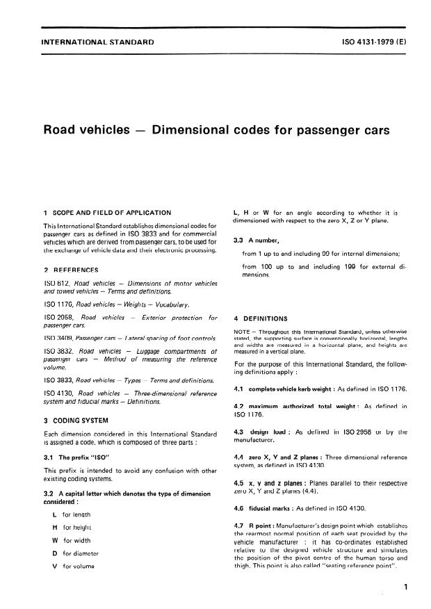 ISO 4131:1979 - Road vehicles -- Dimensional codes for passenger cars