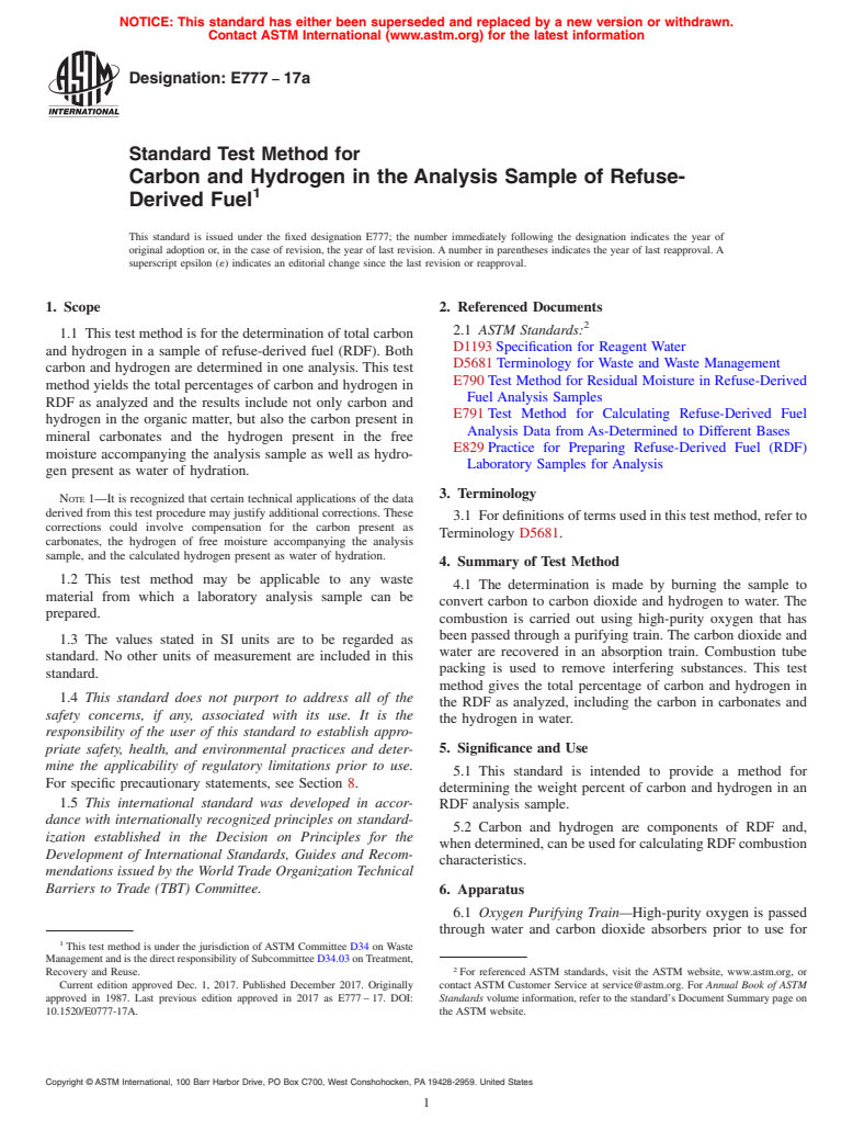 ASTM E777-17a - Standard Test Method for  Carbon and Hydrogen in the Analysis Sample of Refuse-Derived  Fuel