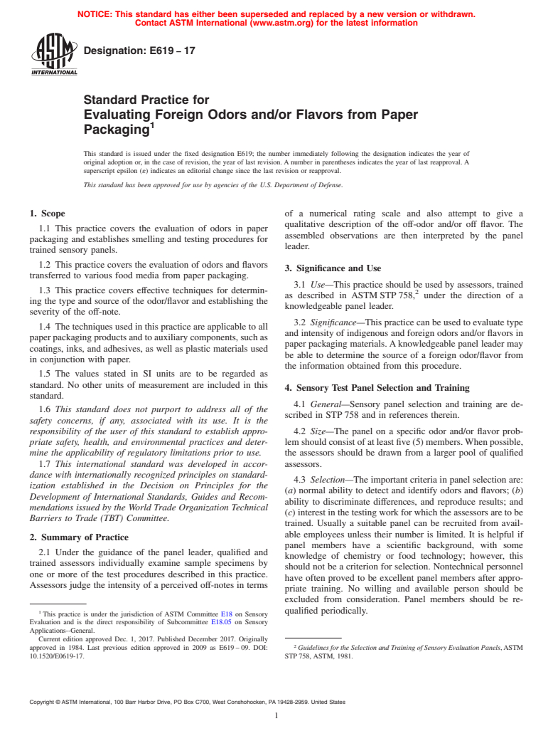 ASTM E619-17 - Standard Practice for  Evaluating Foreign Odors and/or Flavors from Paper Packaging