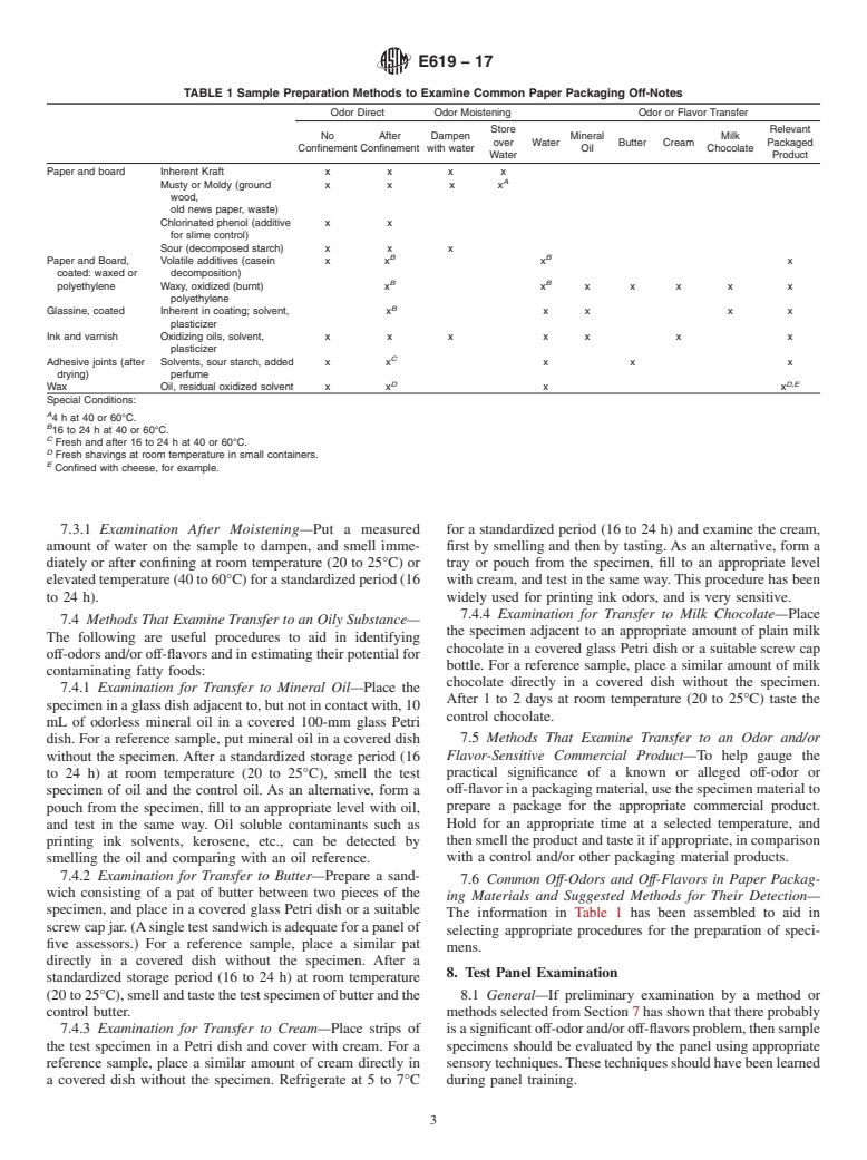 ASTM E619-17 - Standard Practice for  Evaluating Foreign Odors and/or Flavors from Paper Packaging