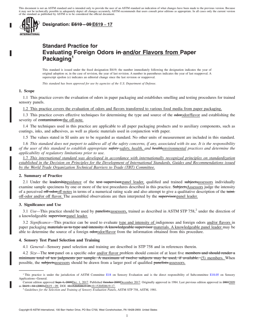 REDLINE ASTM E619-17 - Standard Practice for  Evaluating Foreign Odors and/or Flavors from Paper Packaging