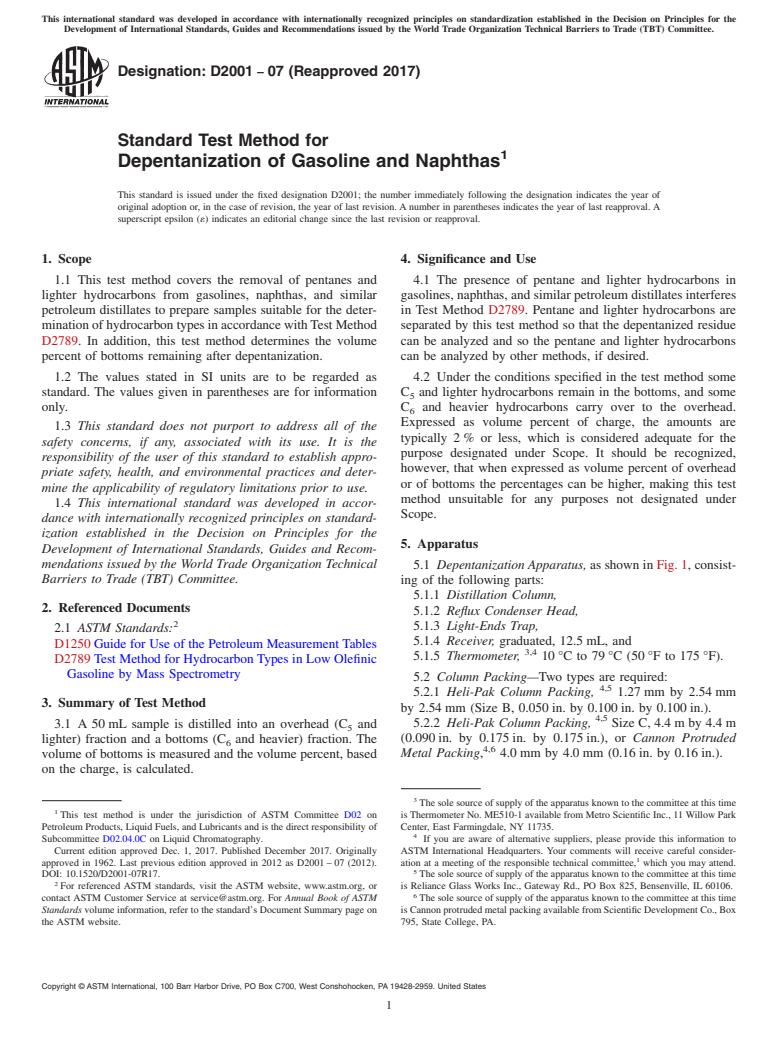 ASTM D2001-07(2017) - Standard Test Method for Depentanization of Gasoline and Naphthas