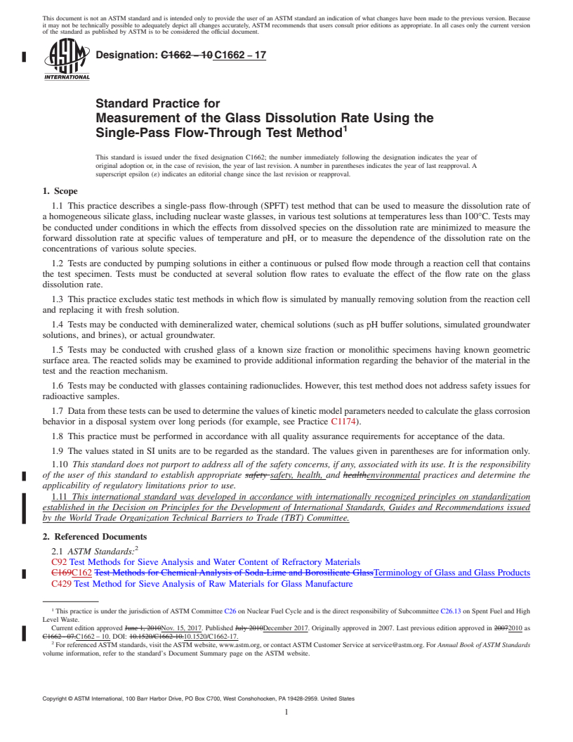 REDLINE ASTM C1662-17 - Standard Practice for  Measurement of the Glass Dissolution Rate Using the Single-Pass  Flow-Through Test Method