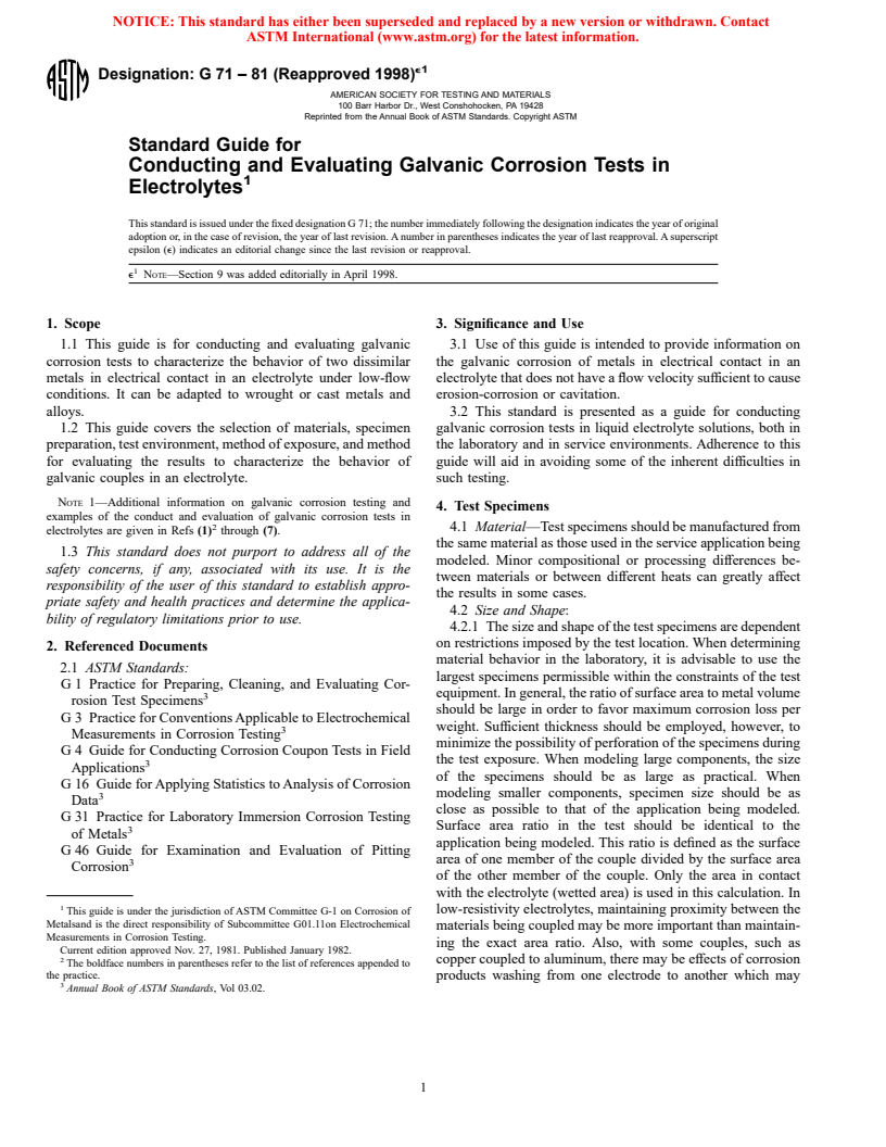 ASTM G71-81(1998)e1 - Standard Guide for Conducting and Evaluating Galvanic Corrosion Tests in Electrolytes