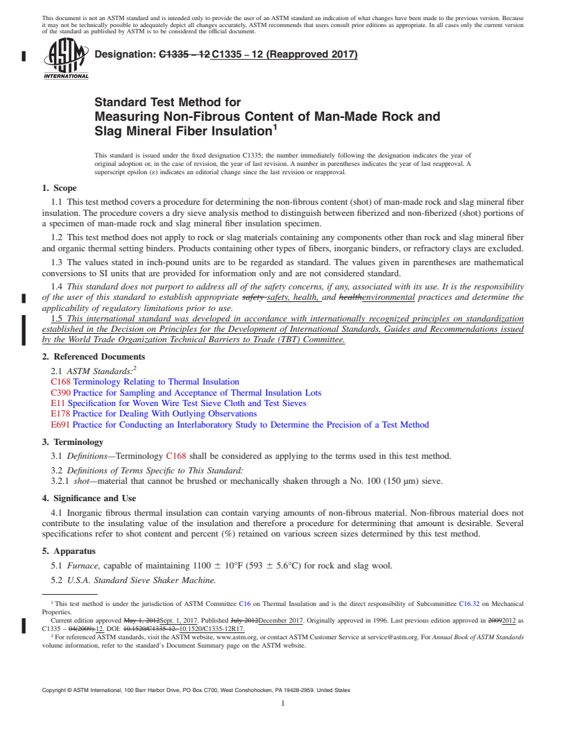 REDLINE ASTM C1335-12(2017) - Standard Test Method for  Measuring Non-Fibrous Content of Man-Made Rock and Slag Mineral  Fiber Insulation